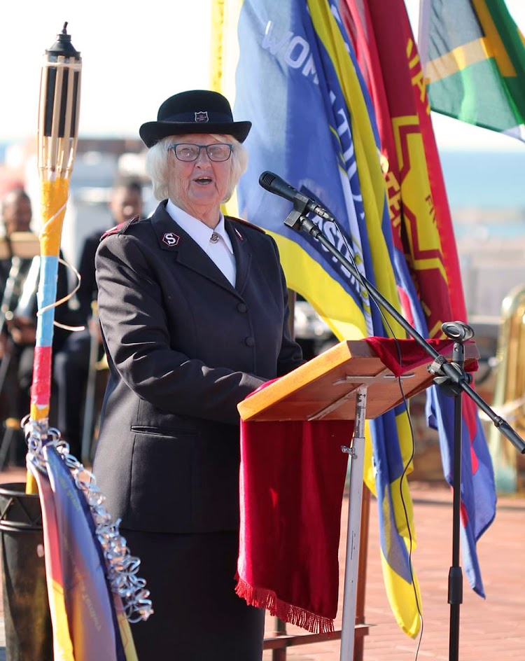 May 27 2023, Gqeberha: Mom, Colonel Teresa Tuck (Mother Teresa without the “h”), speaks at the 140th anniversary of The Salvation Army in South Africa.