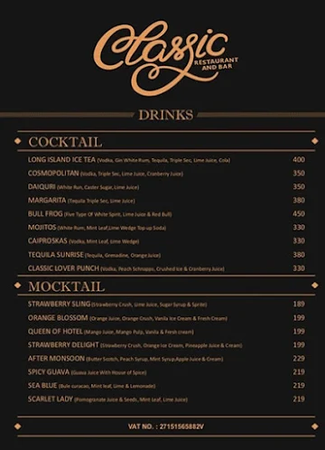 Classic Restaurant & Bar menu 
