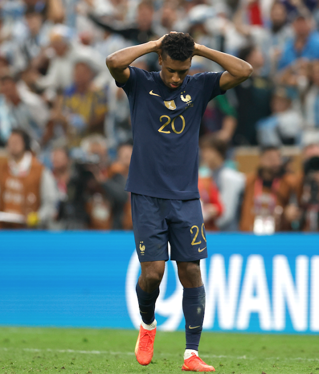 Kingsley Coman of France reacts after missing a penalty kick against Argentina at the 2022 Fifa World Cup at Lusail Stadium in Lusail, Qatar on December 18