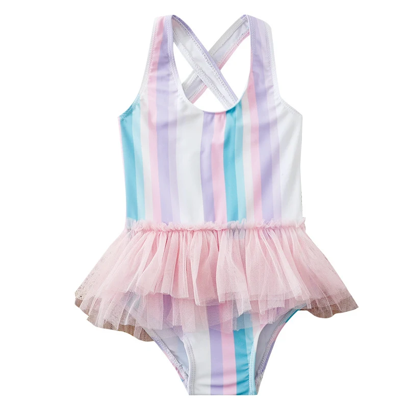 Meisjes jumpsuit met regenboog netrok, buikbedekkend, conservatieve mode, zoom, voor een bescheiden en kleurrijke look.