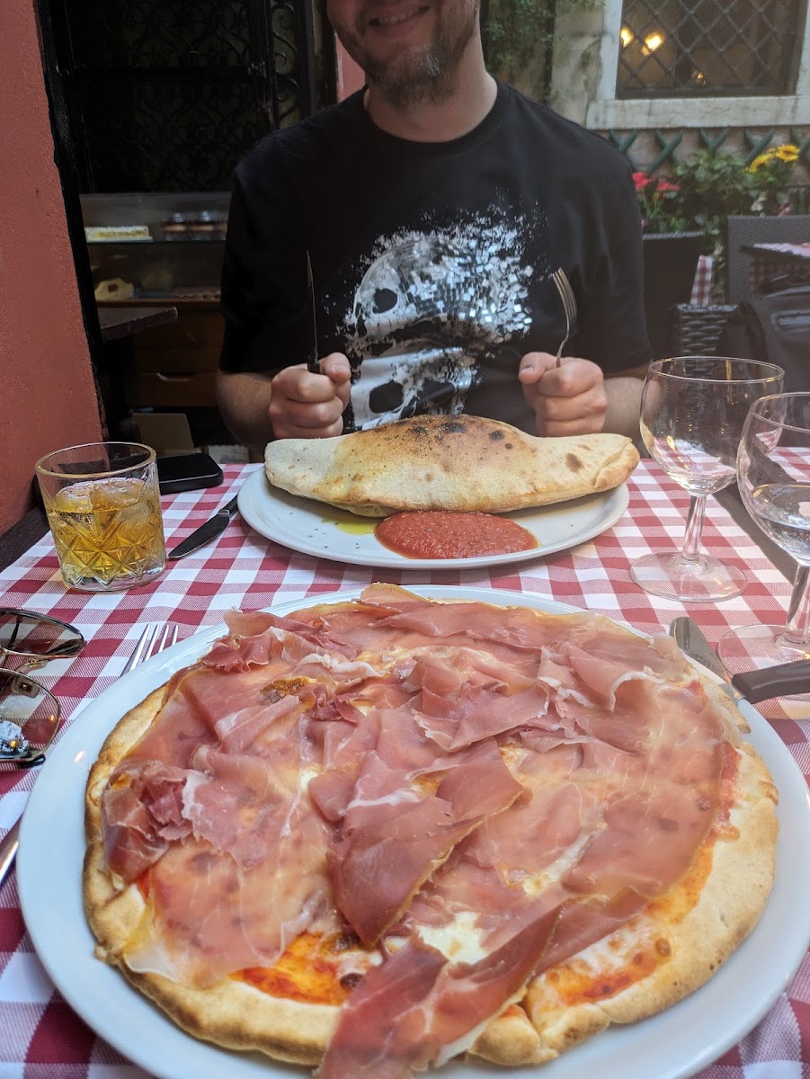 My GF pizza and my husbands regular calzone