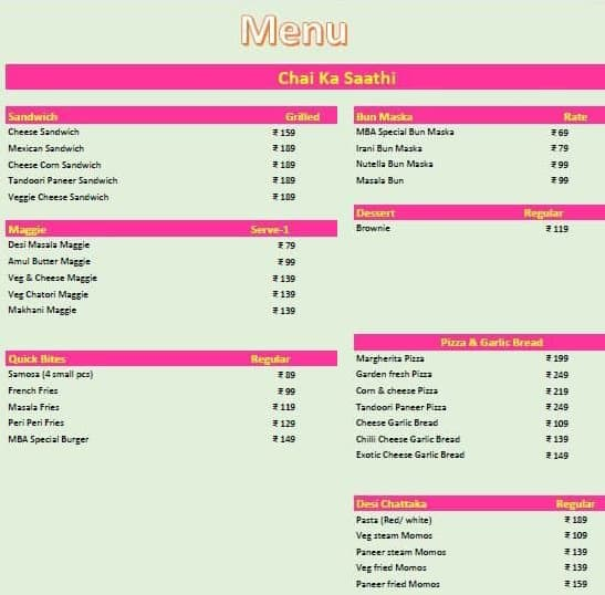 MBA Chai Wala menu 