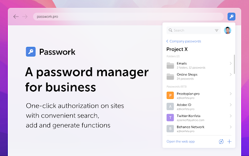 ® Passwork password manager for business One-click authorization convenient search, generate functions 