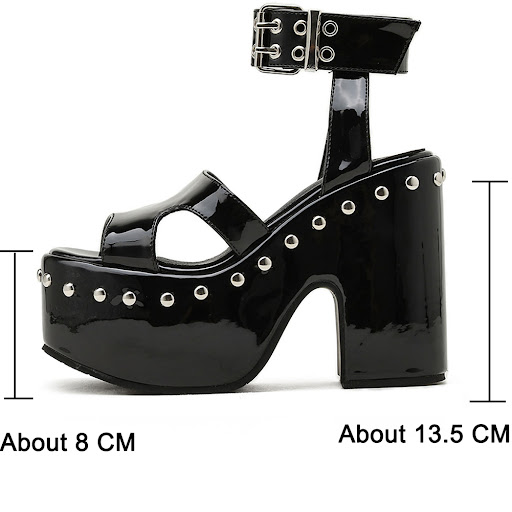 Title 7, Block-heel platform patent leather rivet fish m...