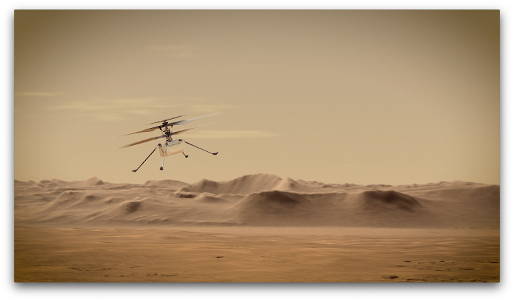 An artist's concept of Nasa's Ingenuity Mars helicopter flying through the red planet's skies. Ingenuity, a technology experiment, will be the first aircraft to attempt controlled flight on another planet.