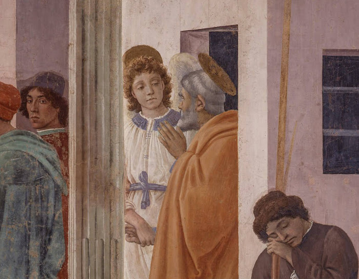 Filippino Lippi, San Pietro liberato dal carcere (particolare di san Pietro che viene liberato di prigione da un angelo), affresco nella Cappella Brancacci, Santa Maria del Carmine, Firenze