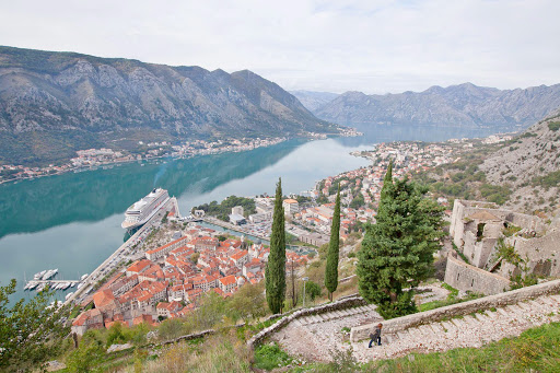 From this vantage point more than halfway up the Ladder of Kotor, you can see the Old Town, Kotor Bay, the steep winding trail and Viking Star.