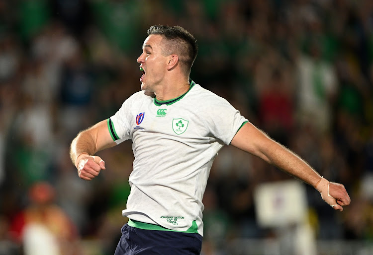 Johnny Sexton of Ireland celebrates scoring his team's fourth try to become Ireland's record points' scorer during the Rugby World Cup France 2023 match against Tonga at Stade de la Beaujoire on September 16, 2023 in Nantes, France.
