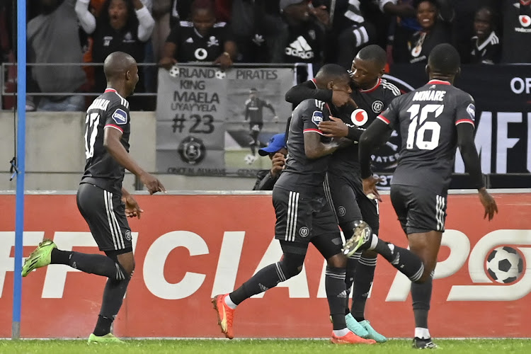 Orlando Pirates attacker Kabelo Dlamini celebrate his goal with teammates during the DStv Premiership match against Chippa United at the Nelson Mandela Bay Stadium in Gqeberha on 08 April 2023.