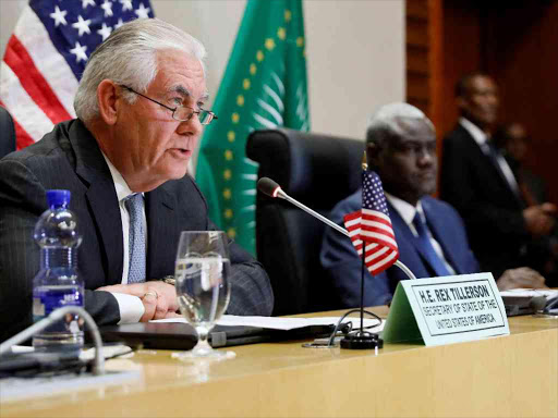 US Secretary of State Rex Tillerson speaks during a news conference with African Union Commission Chairman Moussa Faki of Chad, after their meeting at AU headquarters in Addis Ababa, Ethiopia March 8, 2018. /REUTERS