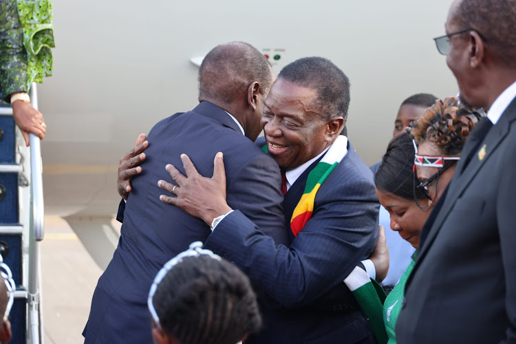 Zimbabwe President Emmerson Mnangagwa welcomes Kenyan counterpart President William Ruto on April 26, 2024.