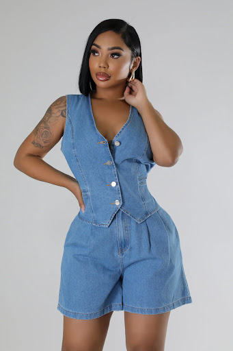 Title 9, Womens Denim Shorts Suit, Sleeveless, High Wai...