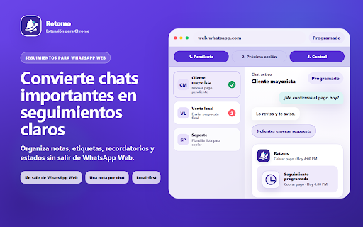 Retomo – Seguimiento de clientes en WhatsApp Web screenshot 2