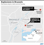 Updated map showing location of Brussels airport where two explosions were heard Tuesday, and Maalbeek metro. -