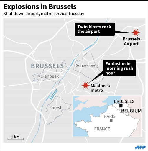 Updated map showing location of Brussels airport where two explosions were heard Tuesday, and Maalbeek metro. -