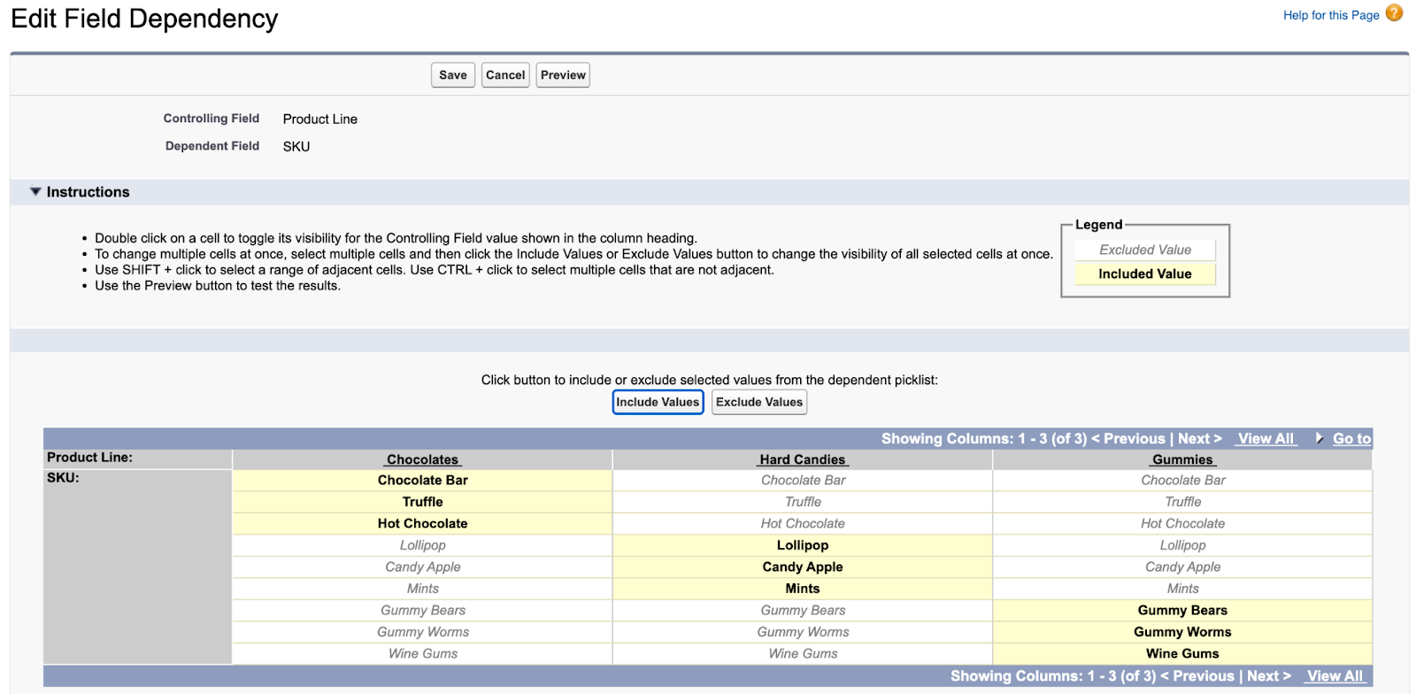 An excel document showing how to edit a field dependency in Salesforce using an example of a list of products in two columns. 