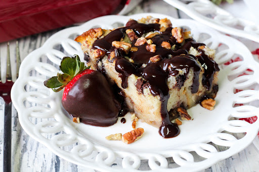 Chocolate sauce drizzled over Debbie's Death By Chocolate Bread Pudding.