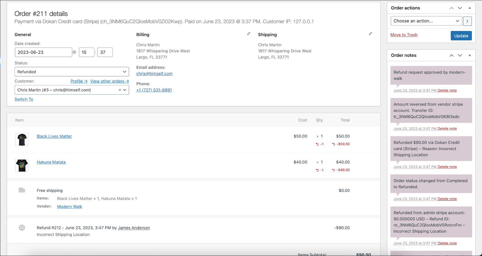 A screenshot of the Dokan Stripe Module transcations Order