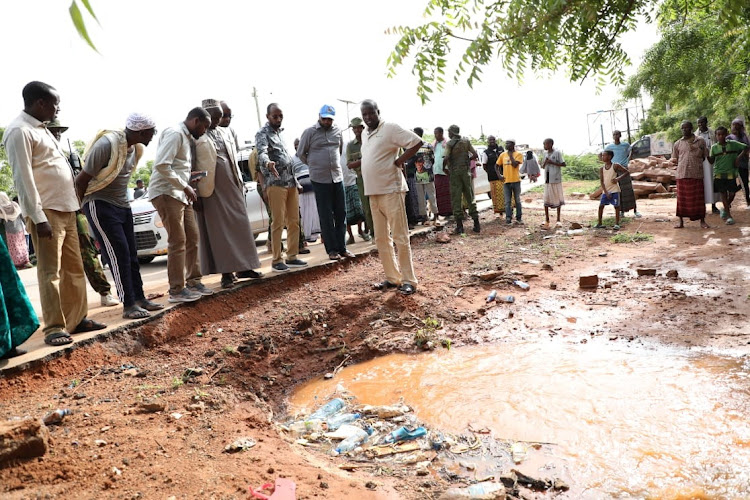 Mandera Governor Mohamed Adan Khalif [C] asses the destruction that has caused by flood waters on the road. he is flanked by other county leaders.