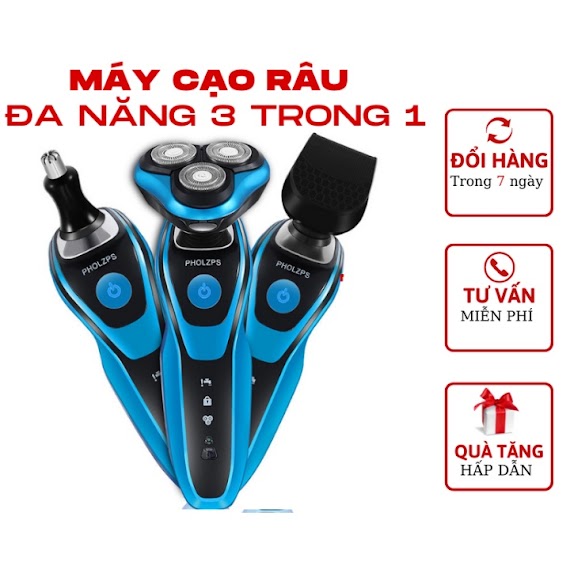 Máy Cạo Râu Đa Năng 3 Lưỡi Kép Thông Minh Chống Nước - Máy Cạo Râu Khô Có 3 Đầu, Cạo Râu, Cạo Lông, Tỉa Lông Mũi