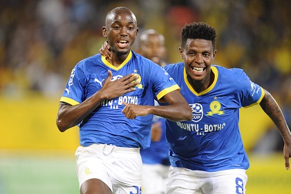 Mamelodi Sundowns striker Peter Shalulile celebrates one of his three goals with teammate Bongani Zungu during their Nedbank Cup last 16 match against Marumo Gallants at the Free State Stadium in Bloemfontein on March 2 2023.