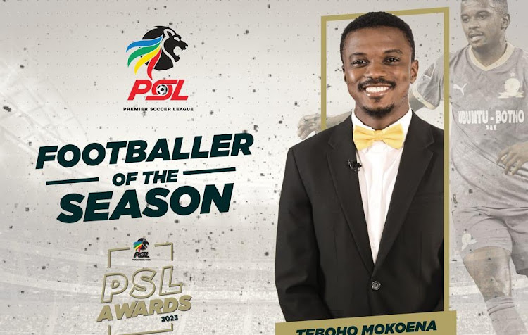 A promotional picture shows Mamelodi Sundowns' Teboho Mokoena as the winner of the Premier Soccer League Footballer of the Season award for the 2022/2023 season.