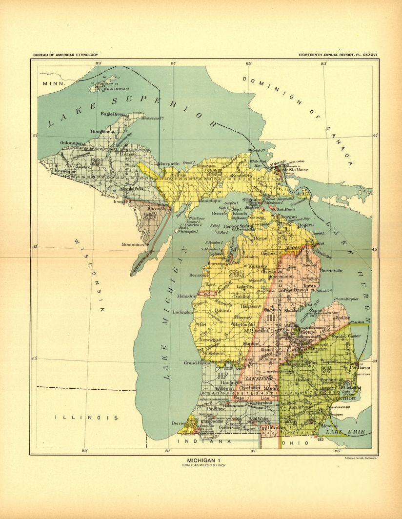 A historical map of land cessions in Michigan. Cession 66 is illustrated in green and includes most of the lower-right thumb of Michigan.