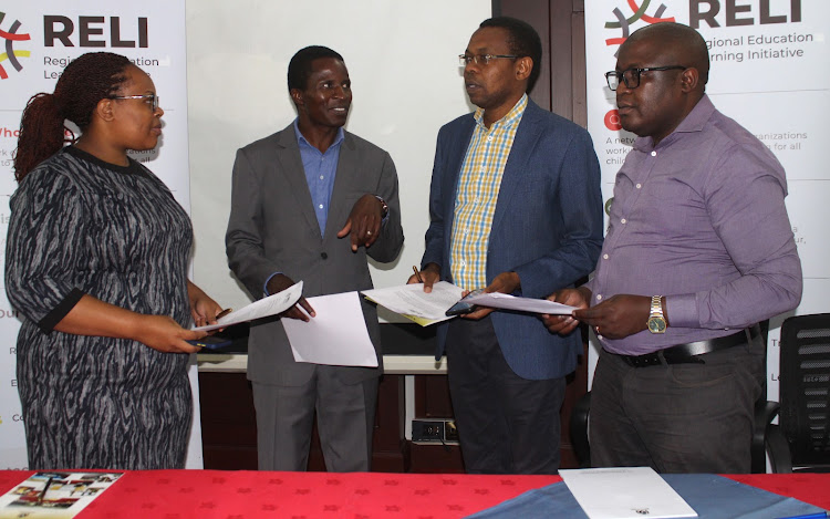 Regional Education Learning Initiative country coordinator Margaret Wawira, Usawa Agenda executive director Emmanuel Manyasa, Zizi Afrique Foundation executive director John Mugo and RELI country lead Samuel Otieno when they issued a statement of recent released KCPE results at Nairobi Safari Club Hotel, Nairobi, on March 31, 2022.