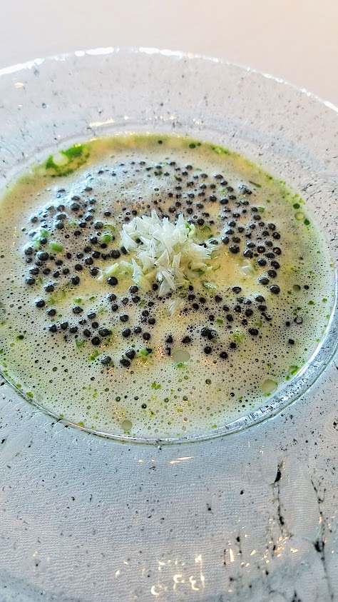 'Marbled' Hake Caviar and Buttermilk course at Geranium, a three Michelin star restaurant in Copenhagen