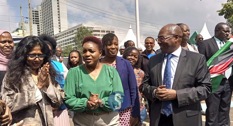 UNICEF Kenya Country Representative Shaheen Nilofer, Health CS Susan Nakhumicha and PS Medical Services Harry Kimtai during the flag off of specialized cold chain equipment to counties at Afya House on March 5, 2024