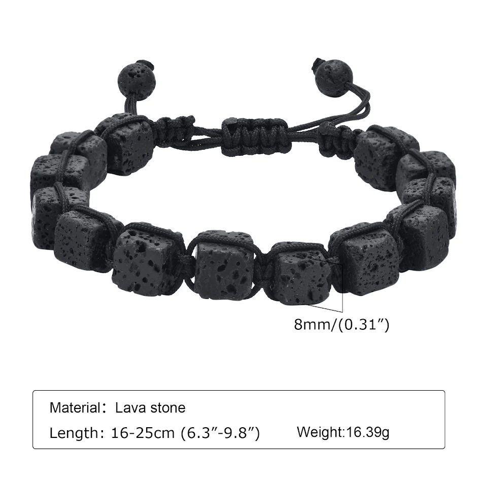 Braccialetti Intrecciati in Pietra Vulcanica Quadrata Regolabili, Design Elegante per Uomo e Donna, Comfort e Stile Naturale.