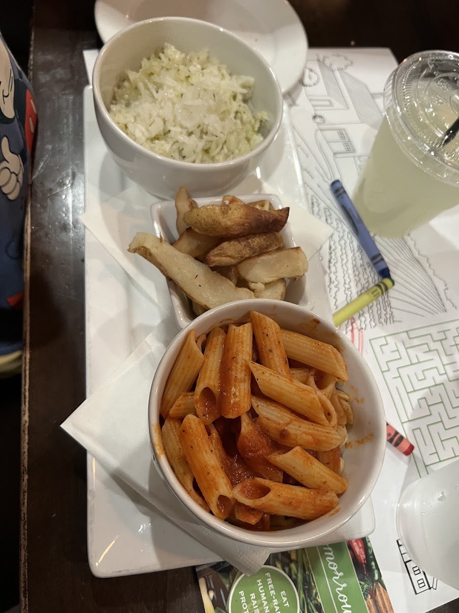 Kids gf pasta, citrus rice, and fries