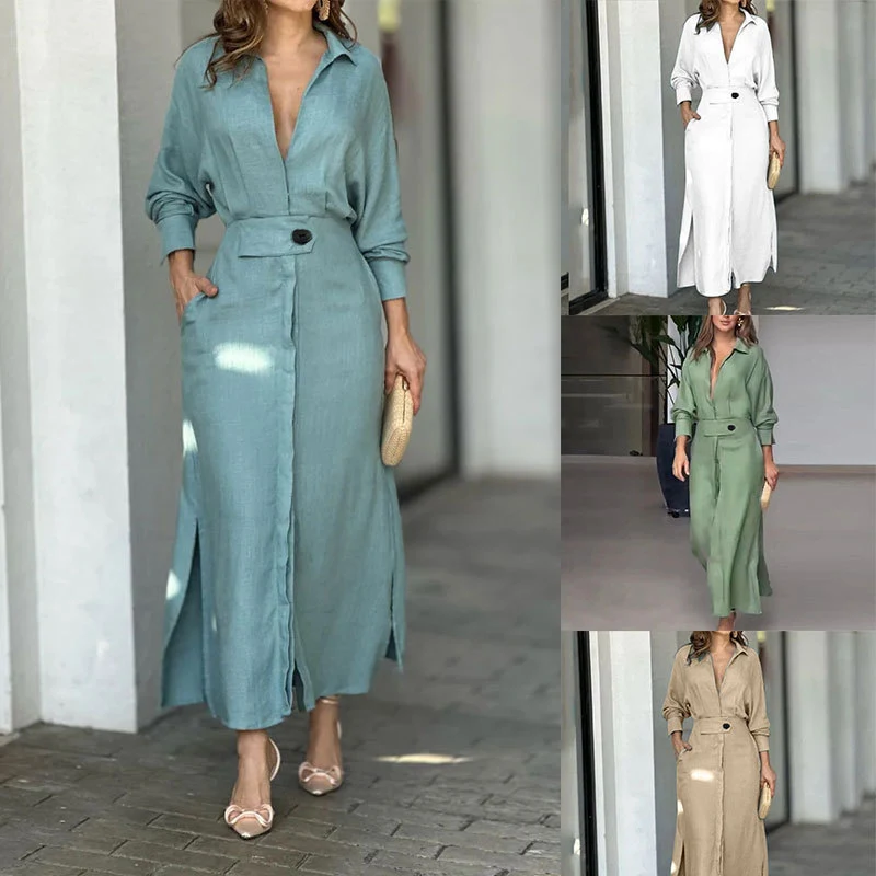 Elegante Dames Hemdjurk met Strik in de Taille, Effen Kleur en Lange Mouwen. Ideaal voor een stijlvolle en comfortabele outfit