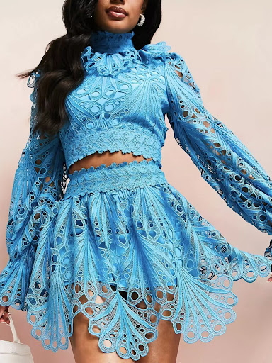 Title 6, Stand Collar Embroidered Top and Hollowed Out S...