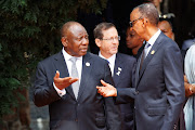 South African President Cyril Ramaphosa and Rwandan President Paul Kagame are seen before the start of 100 days of remembrance as Rwanda commemorates the 30th anniversary of the Tutsi genocide on April 7, 2024 in Kigali, Rwanda. 