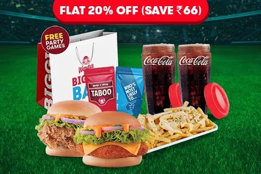 Flat 20% Off On 2 Signature Chicken Burgers + Cheesy Fries & 2 Beverages