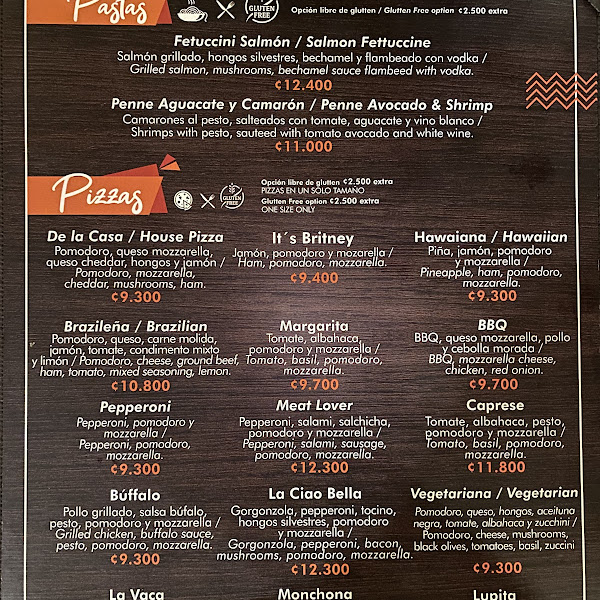 GF pasta and pizza listed on menu