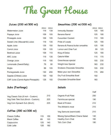 The Green House - Health Cafe menu 