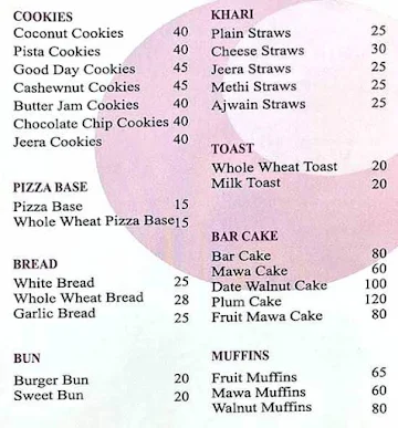 The Cake House menu 