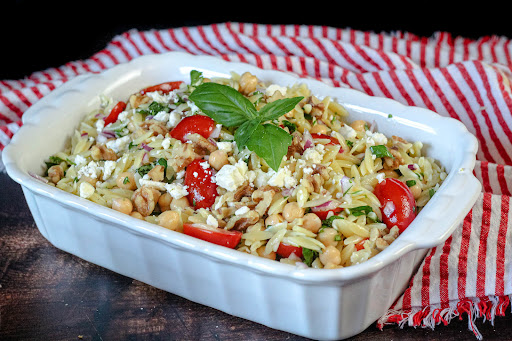 Orzo Salad ready to serve.