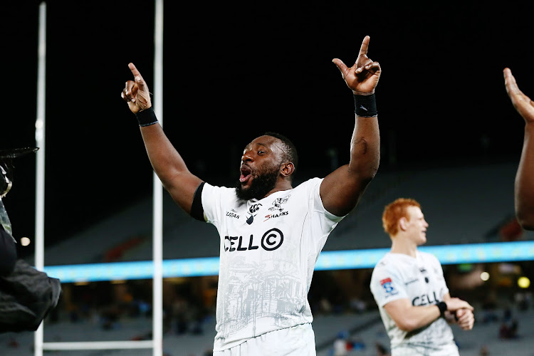 The Cell C Sharks' Tendai Mtawarira celebrates after a Super Rugby win over the Blues at Eden Park in Auckland, New Zealand, on March 31 2018.