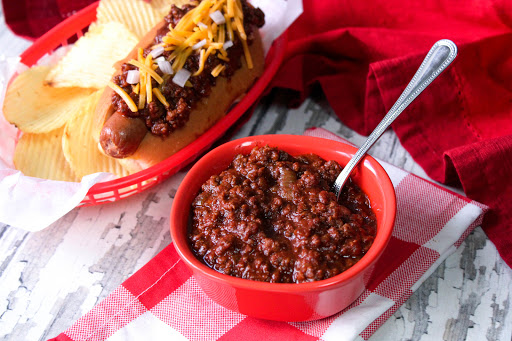 A bowl of Jamie's Doggone Good Hot Dog Chili.