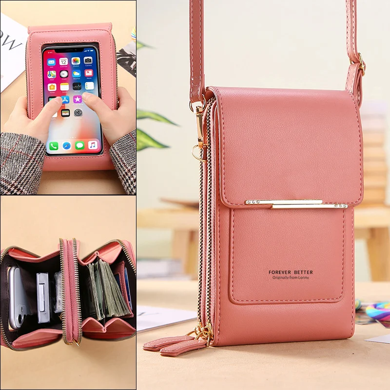Touchscreen telefoon schoudertasje dames, kleine crossbody tas met lange portemonnee, ideaal voor onderweg en uitgaan.