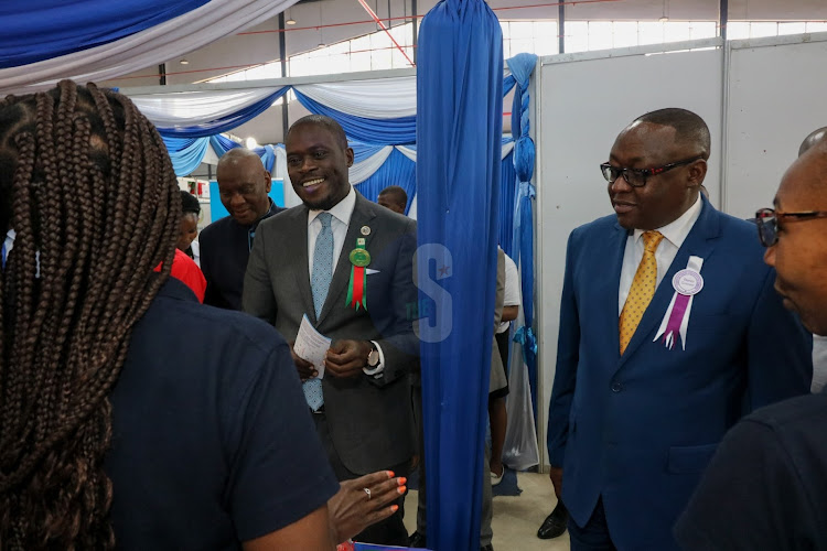 Nairobi Governor Johnson Sakaja and his Deputy James Muchiri during Nairobi International Trade Fair show at Jamuhuri Park Showground on September 27, 2022.