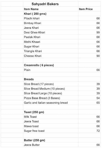 Sahyadri Bakery menu 