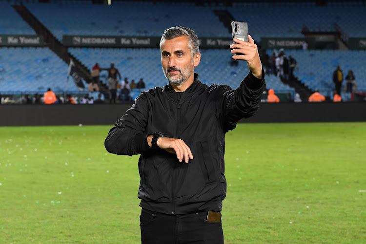 Orlando Pirates coach Jose Riveiro celebrates during the Nedbank Cup final match against Sekhukhune United at Loftus Versfeld Stadium on March 27 2023.