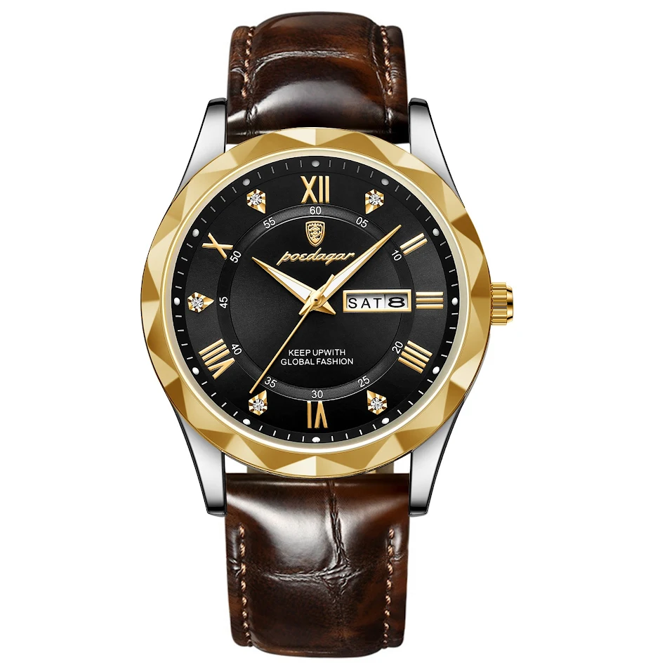 Montre-bracelet homme de luxe, bracelet cuir, mouvement quartz, un accessoire de mode élégant et intemporel pour compléter votre look.