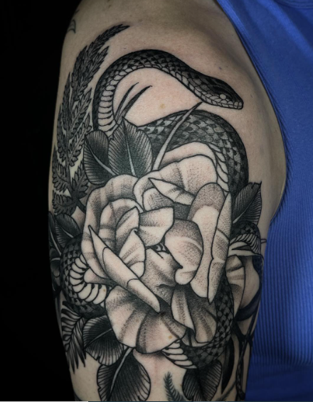 Snake And Rose Fern Tattoo Design