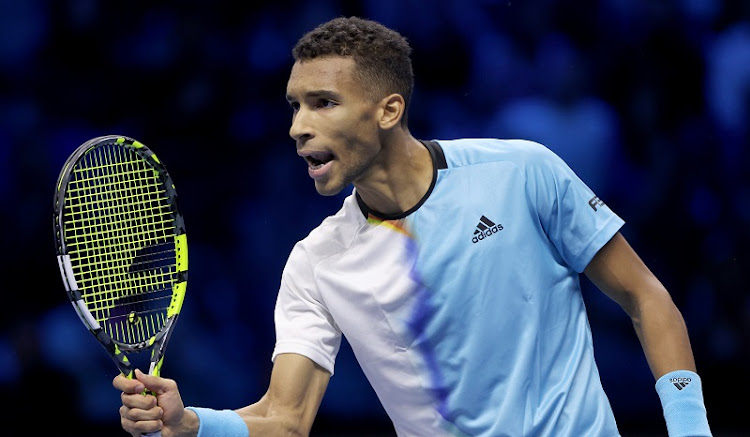 Felix Auger-Aliassime of Canada celebrates while playing Rafael Nadal of Spain during round robin play at the Nitto ATP Finals at Pala Alpitour on November 15 2022 in Turin, Italy. Picture: GETTY IMAGES/MATTHEW STOCKMAN