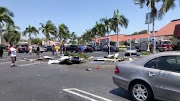 The debris of a plane which crashed into a parking lot is seen in Santa Ana, California, U.S. August 5, 2018 in this still image taken from a video obtained from social media. 